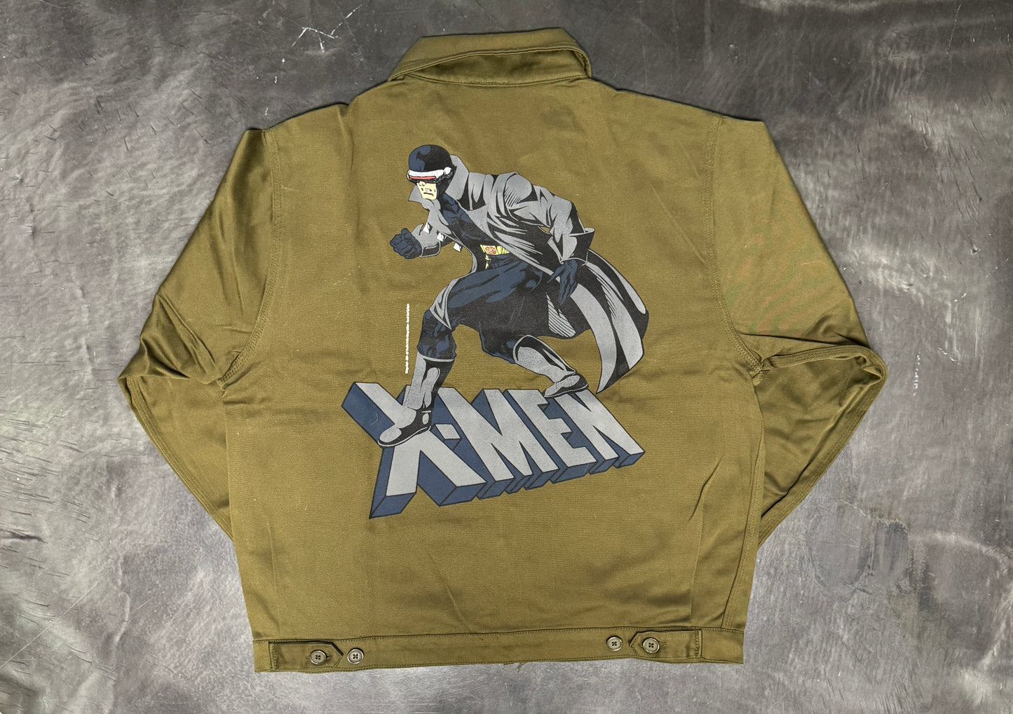 (Black Friday) XL- Olive- Children of the Atom embroidered front/Trench Coat Cyclops screen printed Back