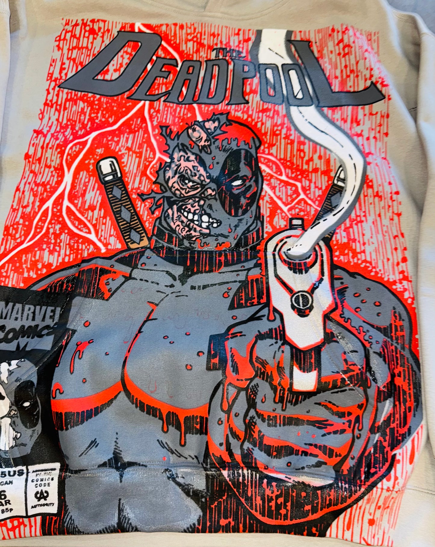 Light Grey HOODIE - Blood Rain Deadpool takes over front & Skull back hit