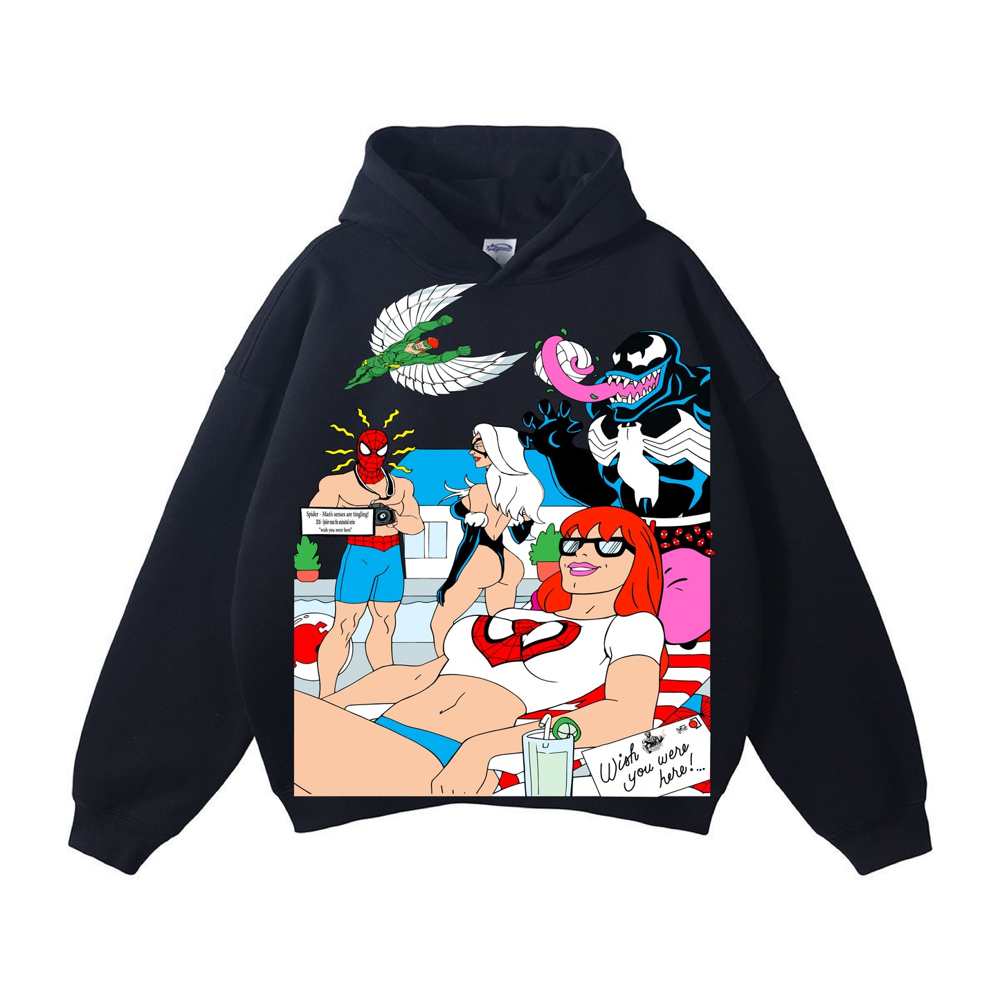 Black hoodie  - Spidy Wish front - king pin and friends back