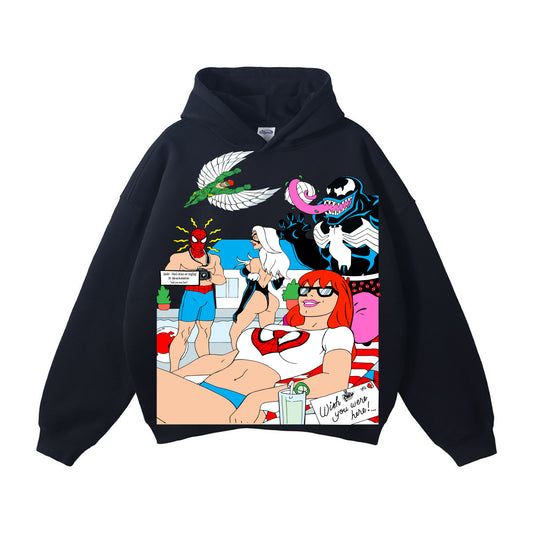 Black hoodie  - Spidy Wish front - king pin and friends back