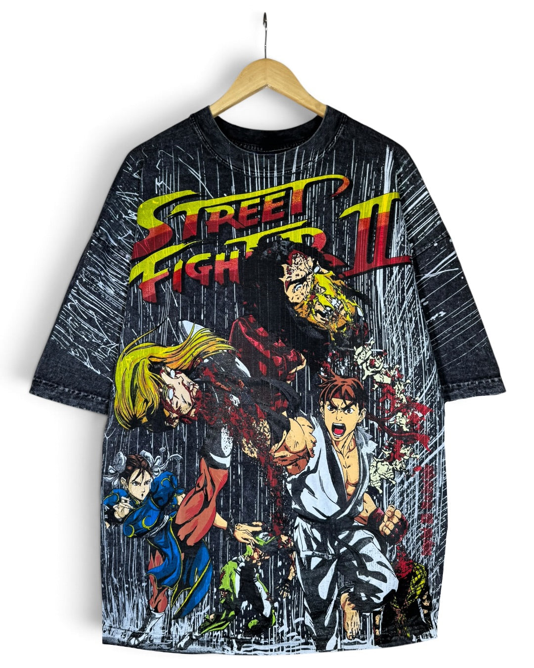 Black Acid Wash Rain - Ryu and Chun Li Front - Shadowloo Back
