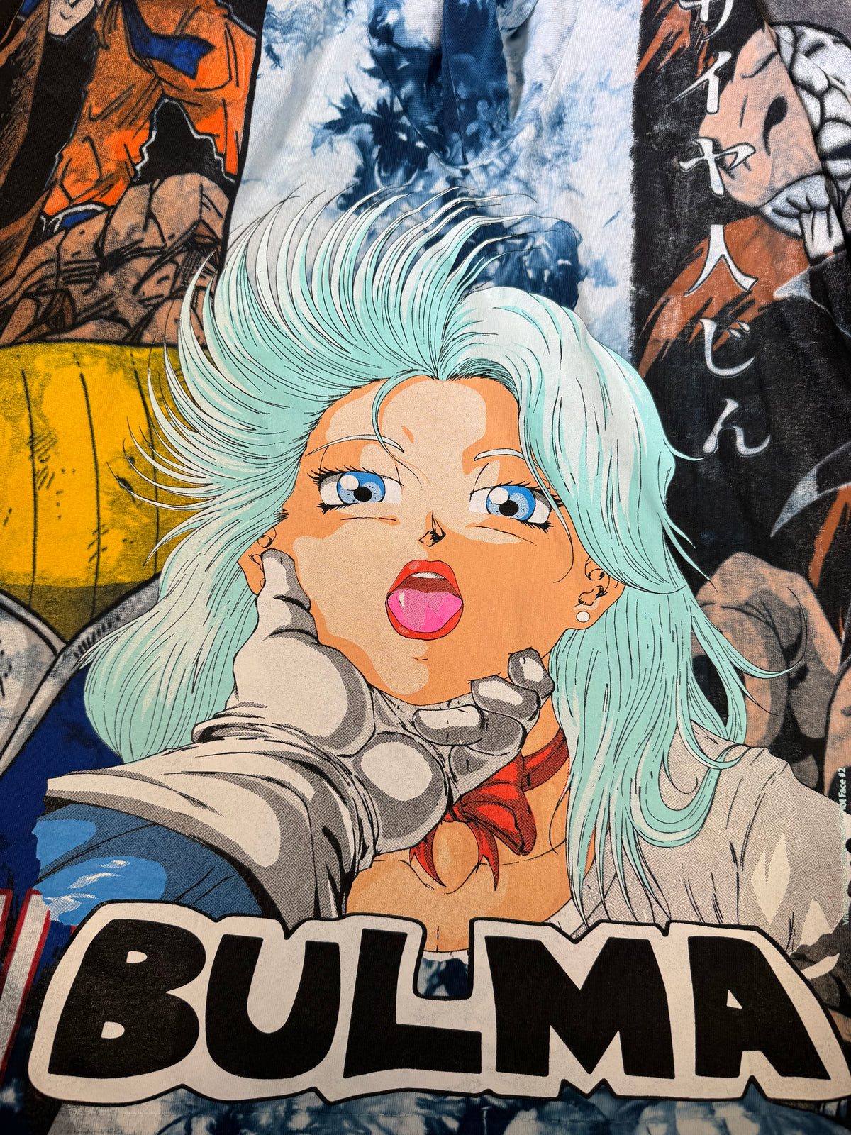 White and Blue Tie Dye - Vegeta Over 9K Front - F Saiyan Back - Bulma 360 Shirt