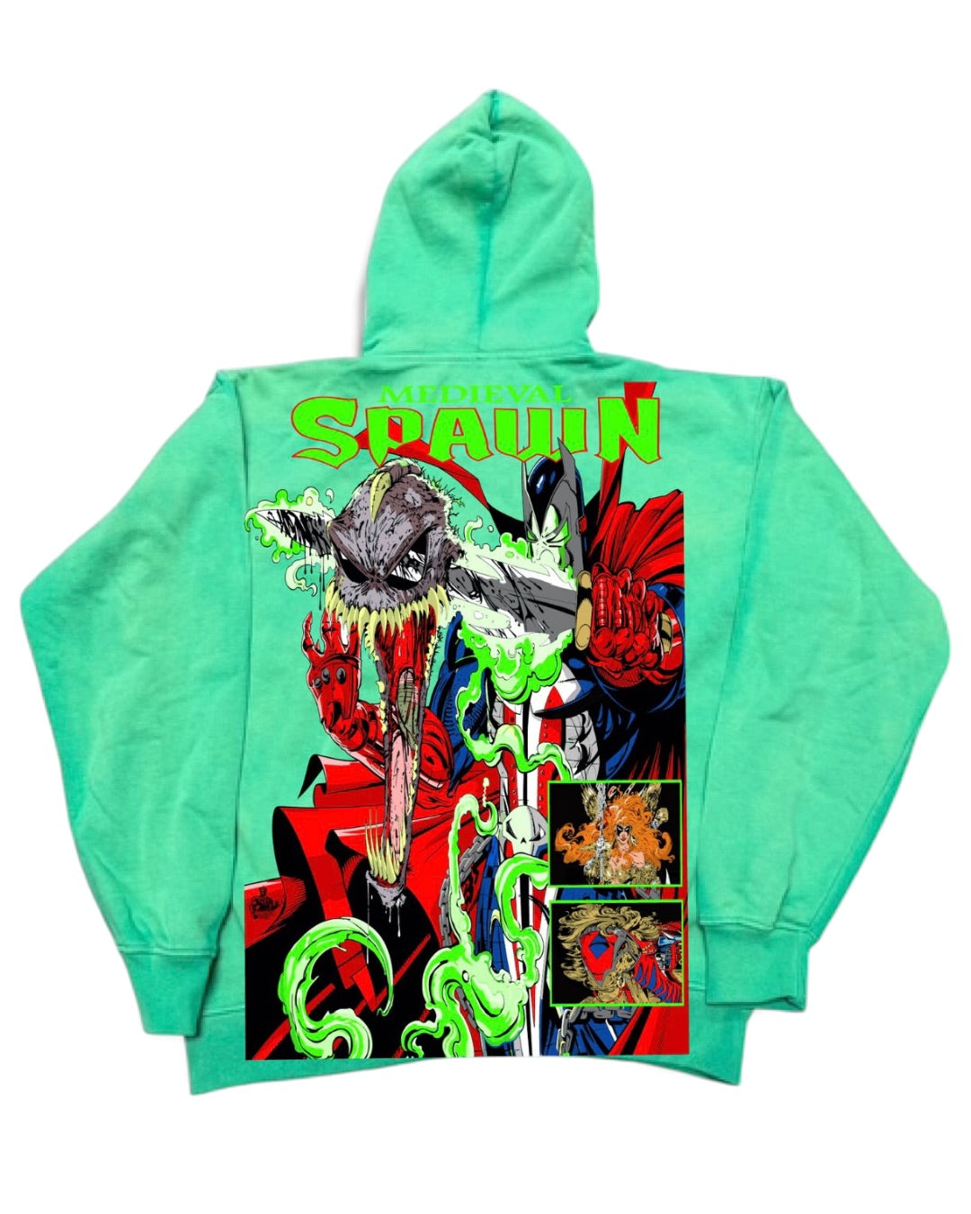 Green Oil Wash Hoodie - Spawn Pieces of Me Front - Medieval Spawn Back