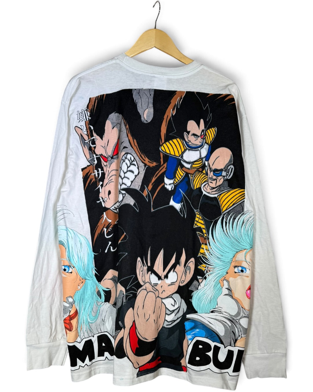 White Longsleeve - Vegeta Over 9K Front - F Saiyan Back - Bulma 360 Shirt