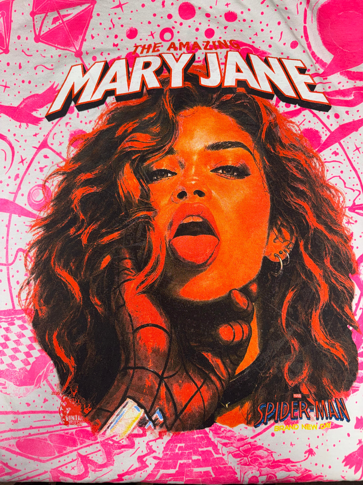 White with Pink Glow In The Dark Galaxy - The Amazing Mary Jane Front and Back - Shirt