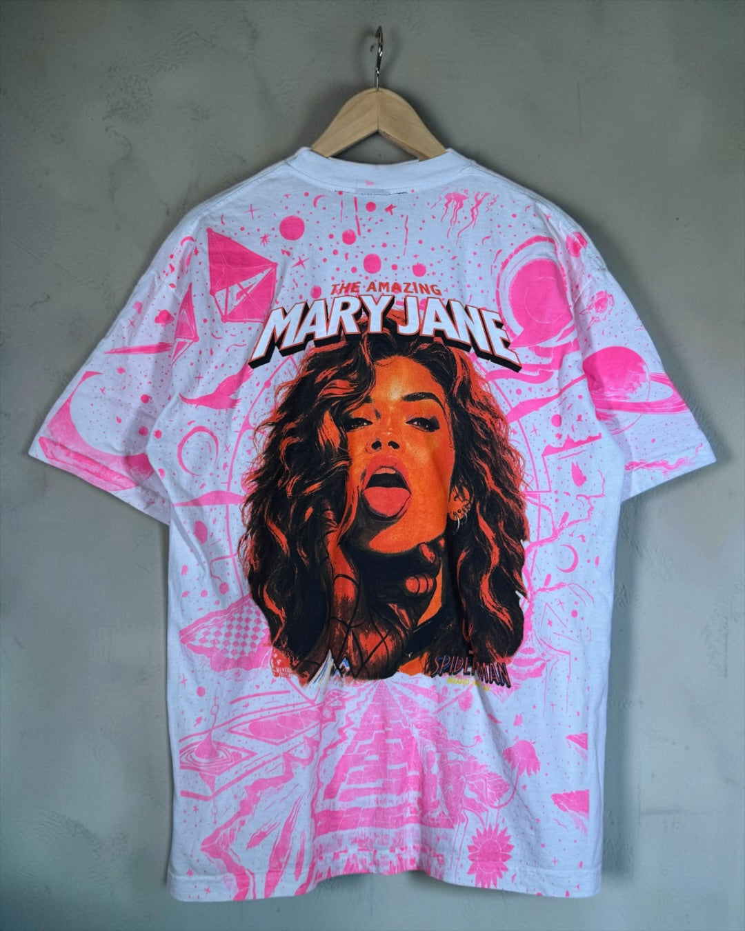 White with Pink Glow In The Dark Galaxy - The Amazing Mary Jane Front and Back - Shirt
