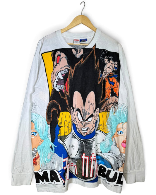 White Longsleeve - Vegeta Over 9K Front - F Saiyan Back - Bulma 360 Shirt
