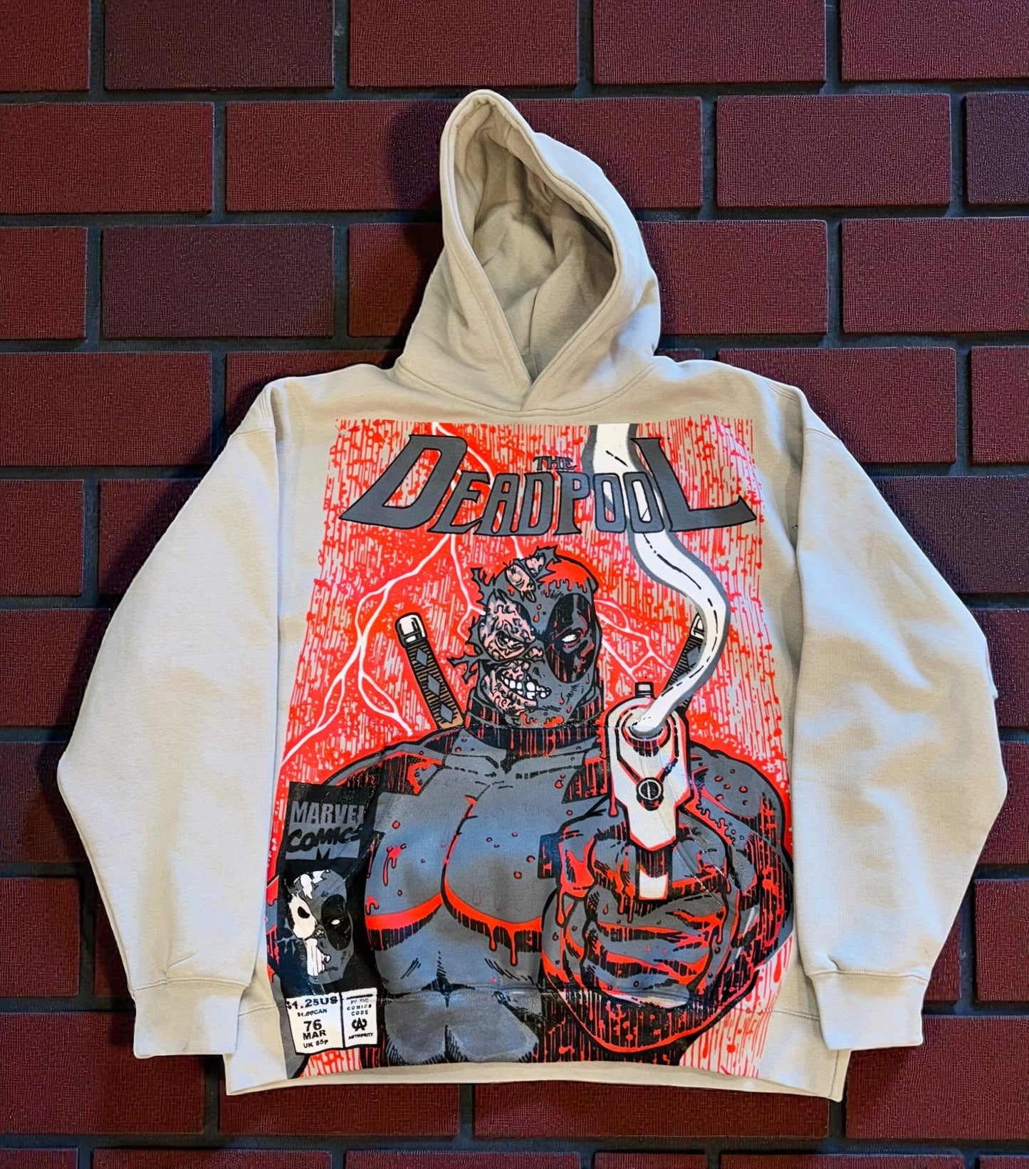 Light Grey HOODIE - Blood Rain Deadpool takes over front & Skull back hit