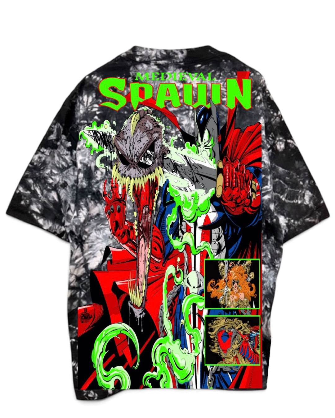 Black and White Tie Dye - Spawn Pieces of Me Front - Medieval Spawn Back