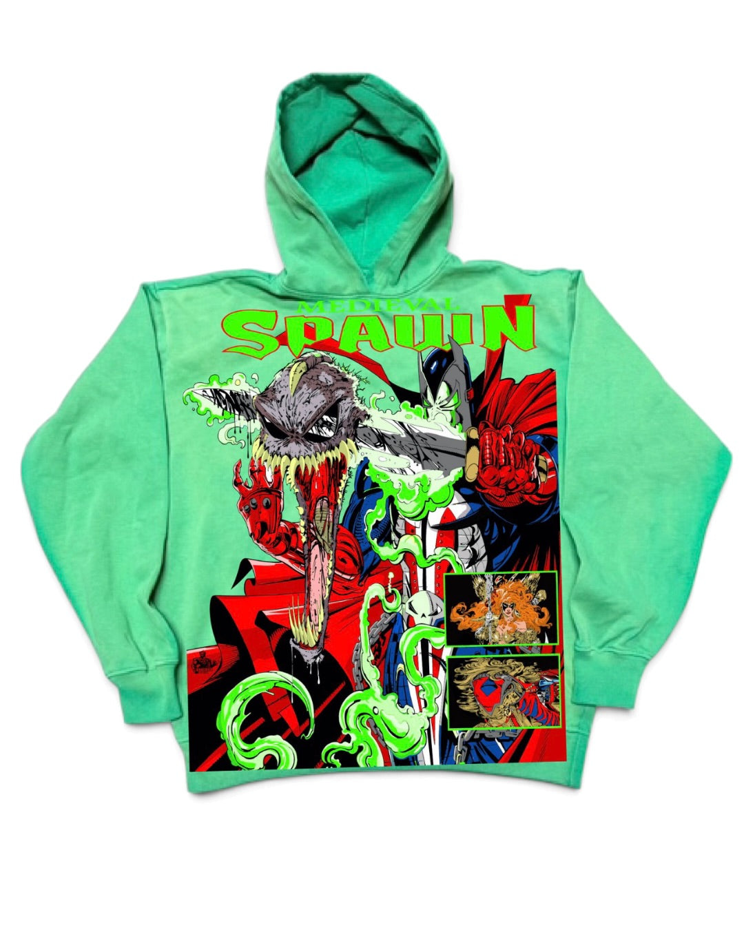 Green Oil Wash Hoodie - Medieval Spawn Front - Spawn Pieces of Me Back