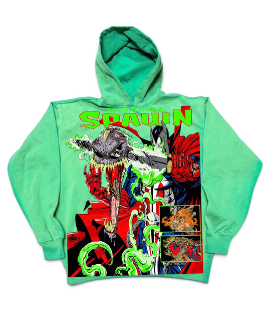 Green Oil Wash Hoodie - Medieval Spawn Front - Spawn Pieces of Me Back