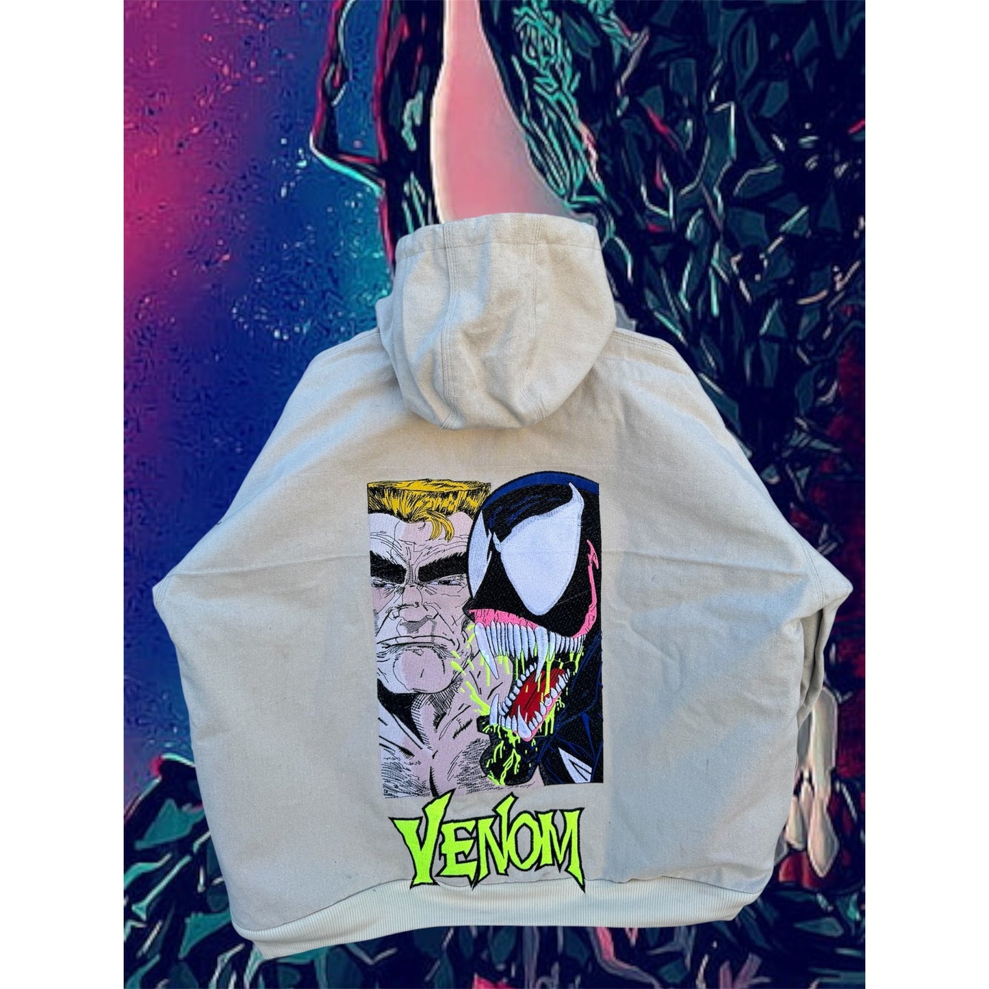 White Premium Embroidered Venom Front/ Venom&Eddie Back Hoodie