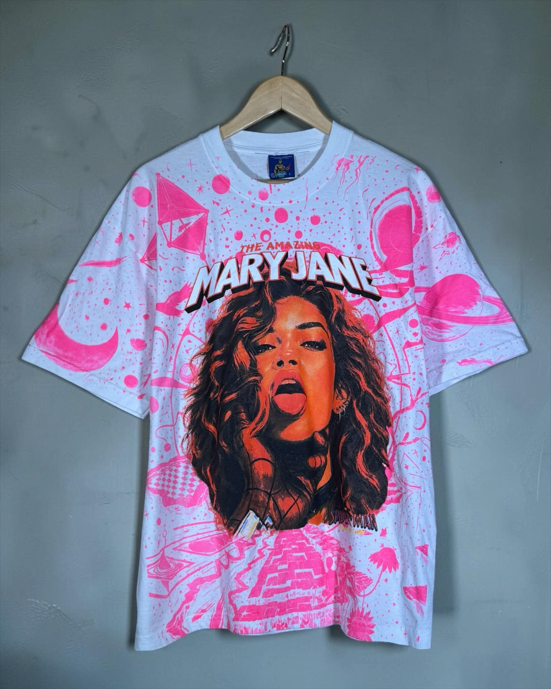 White with Pink Glow In The Dark Galaxy - The Amazing Mary Jane Front and Back - Shirt