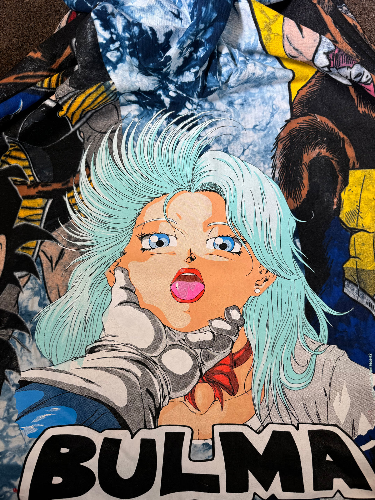 White and Blue Tie Dye - Vegeta Over 9K Front - F Saiyan Back - Bulma 360 Shirt