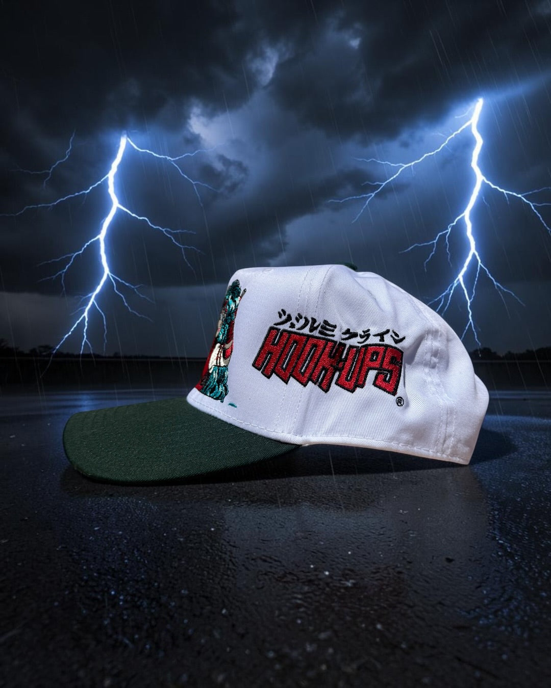 White Hat with Green Brim - Hookups Elektra