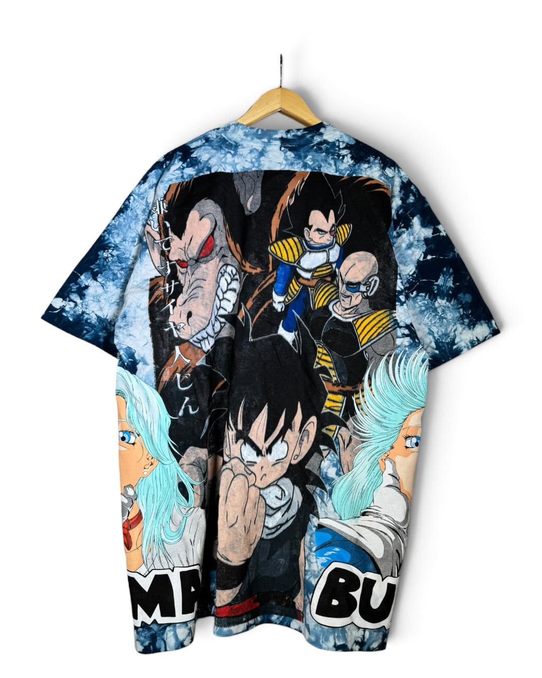 White and Blue Tie Dye - Vegeta Over 9K Front - F Saiyan Back - Bulma 360 Shirt