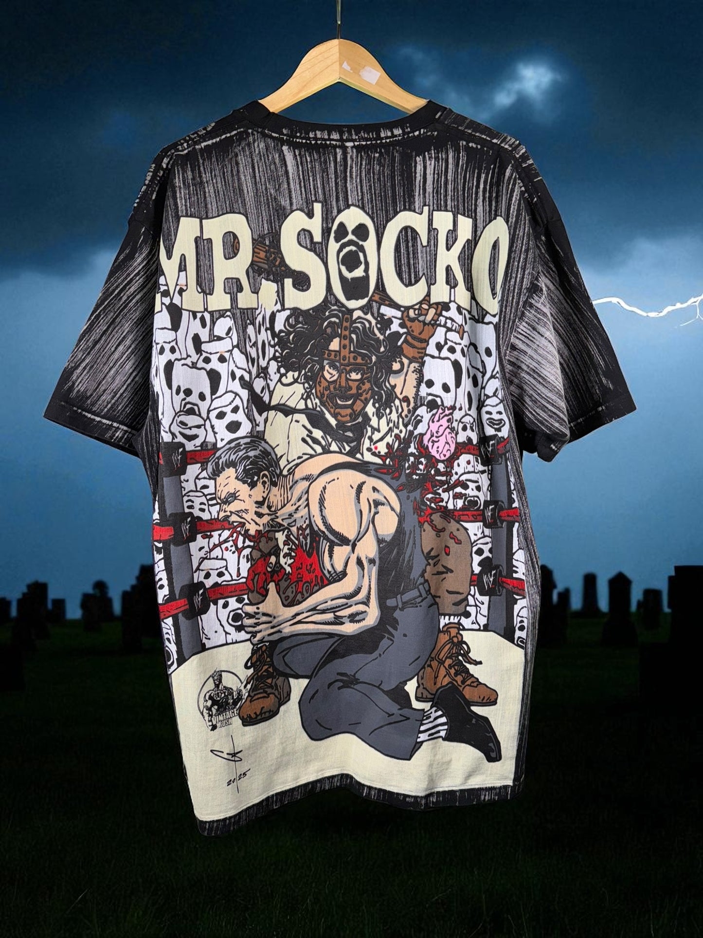 Black pin stripe - tombstone of death front & Mr. socko Kills back