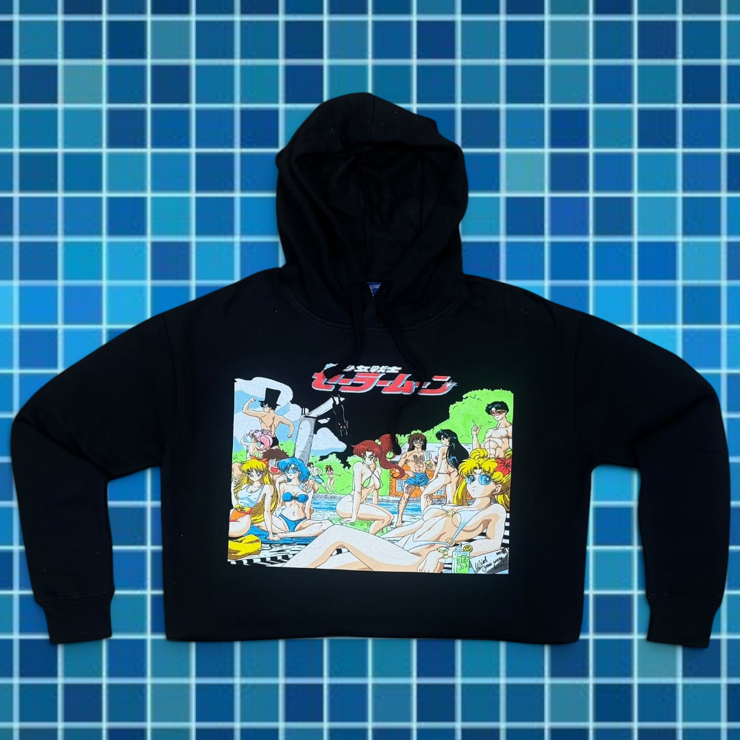 Womens Black Crop Top Hoodie - Sailor Moon Wish You Were Here