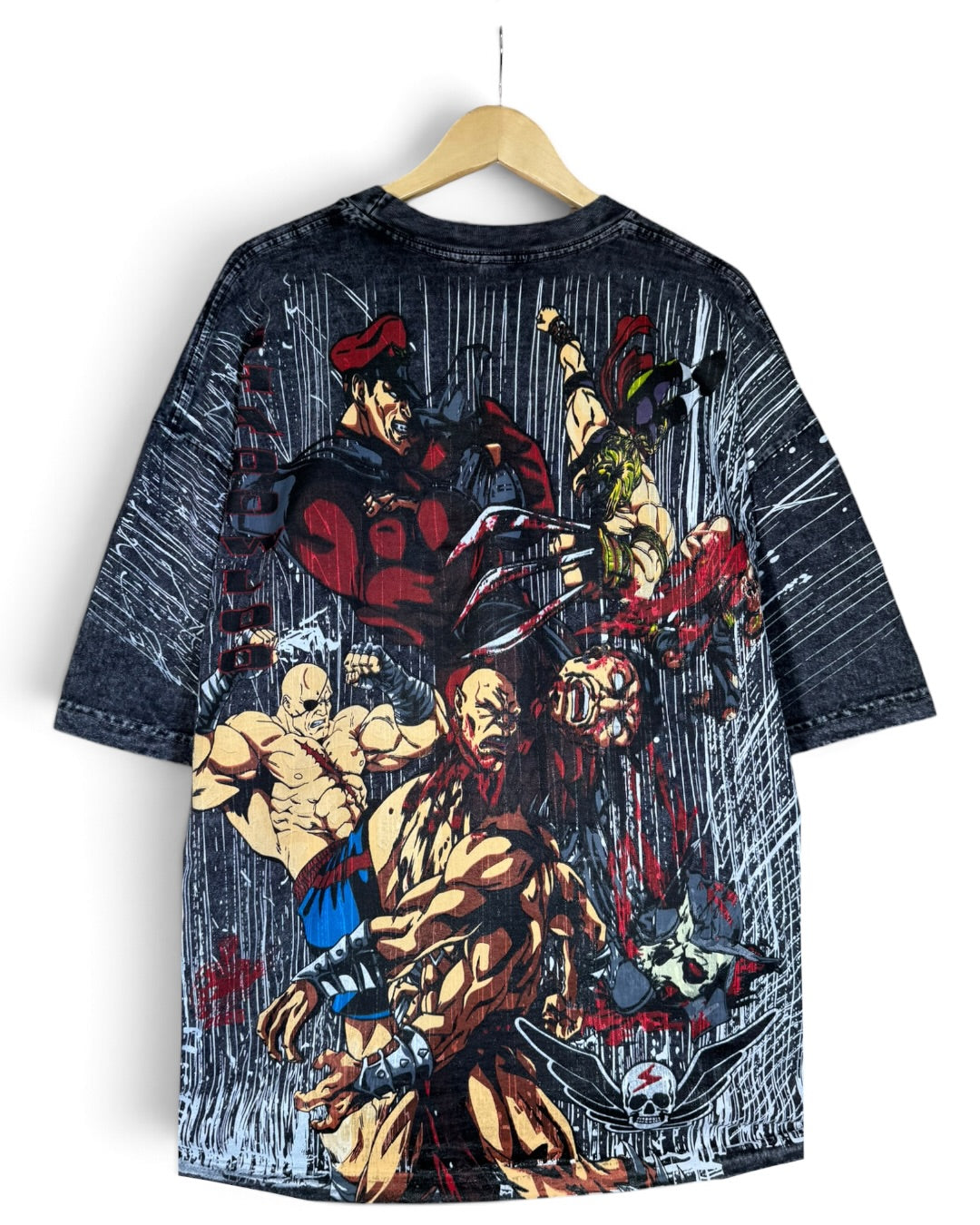 Black Acid Wash Rain - Ryu and Chun Li Front - Shadowloo Back