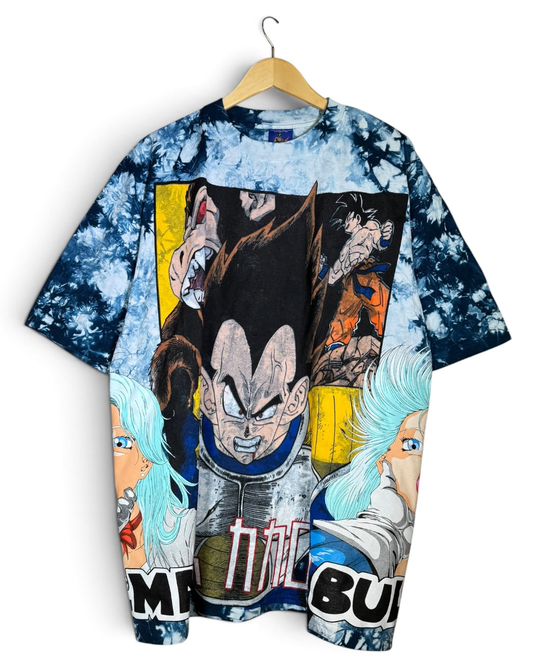 White and Blue Tie Dye - Vegeta Over 9K Front - F Saiyan Back - Bulma 360 Shirt