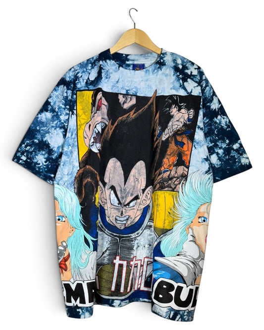 White and Blue Tie Dye - Vegeta Over 9K Front - F Saiyan Back - Bulma 360 Shirt
