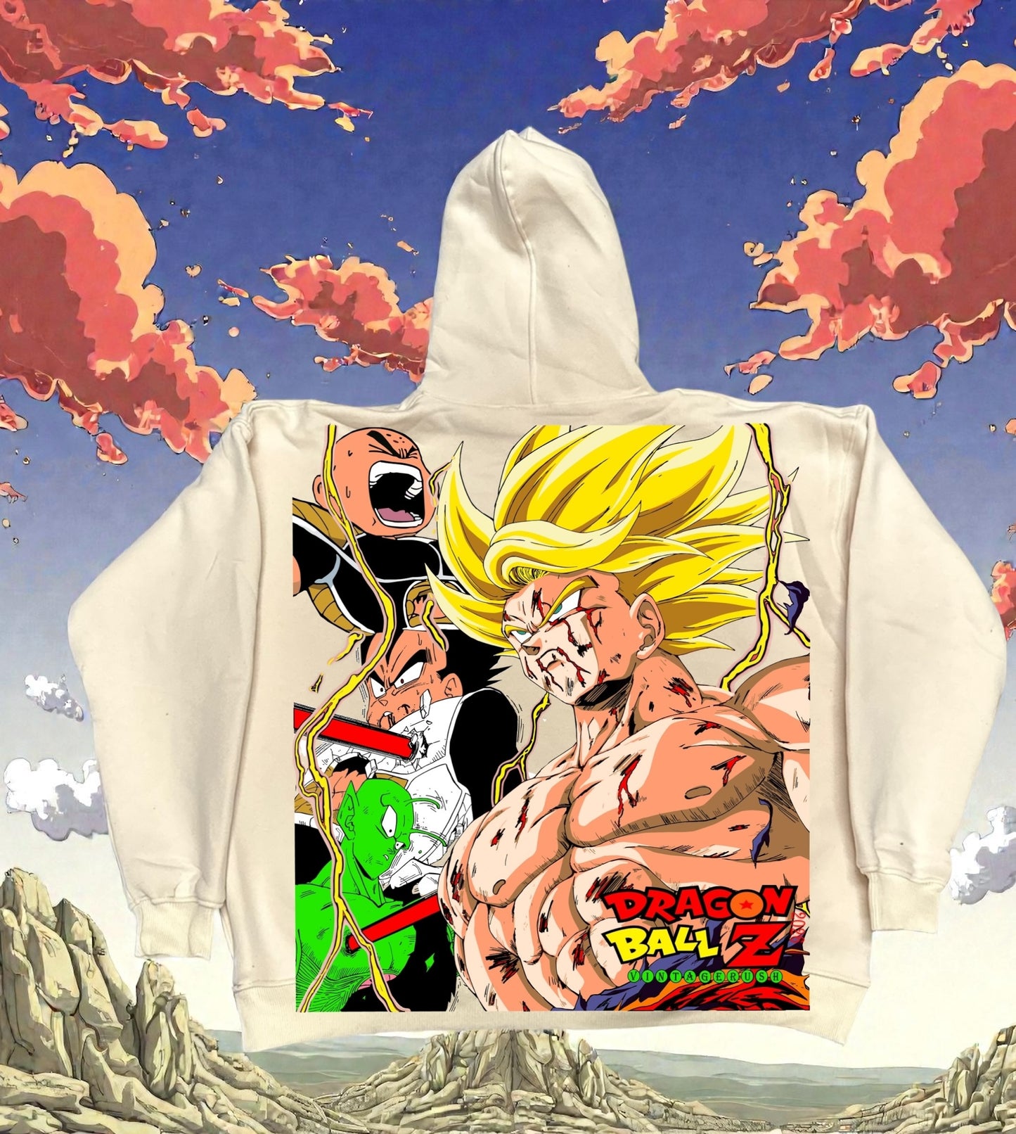 Cream Hoodie - Lord Freiza Front &  Goku SSJ back