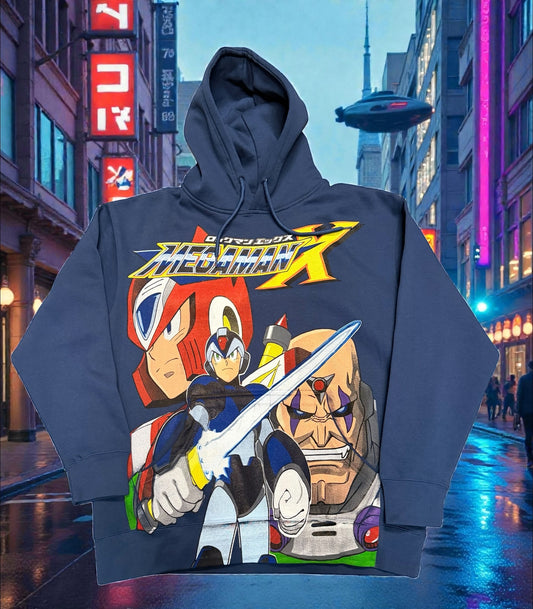 Navy Hoodie - Mega Man X big faces front - SNES back it