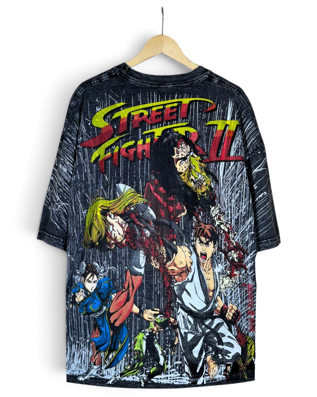 Black Acid Wash Rain - Shadowloo Front - Ryu and Chun Li Back