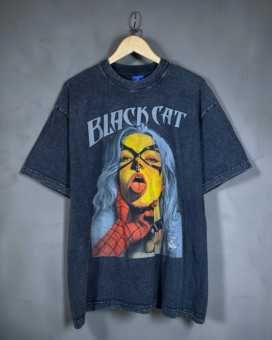 Black Acid Wash - Black Cat Front - Mary Jane Back Shirt