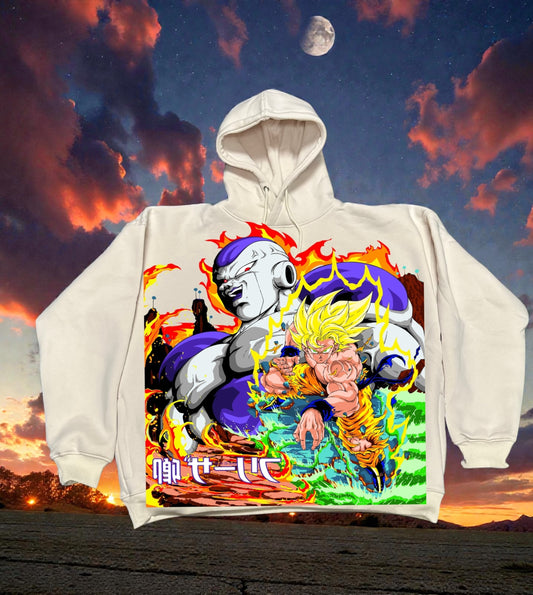 Cream Hoodie - Lord Freiza Front &  Goku SSJ back