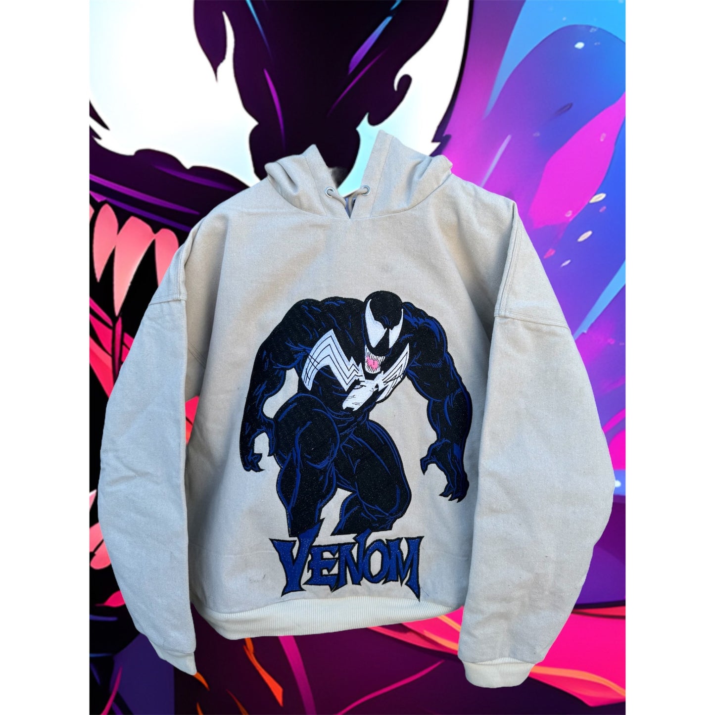 White Premium Embroidered Venom Front/ Venom&Eddie Back Hoodie